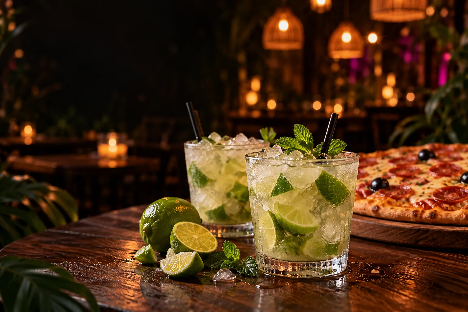 Drinks tropicais e pizza em uma mesa de bar